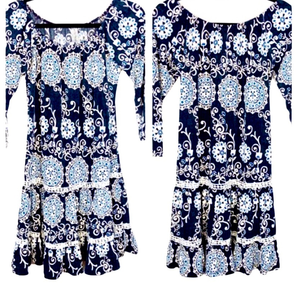 Tee For The Soul Blue & White Tunic Dress Size Med